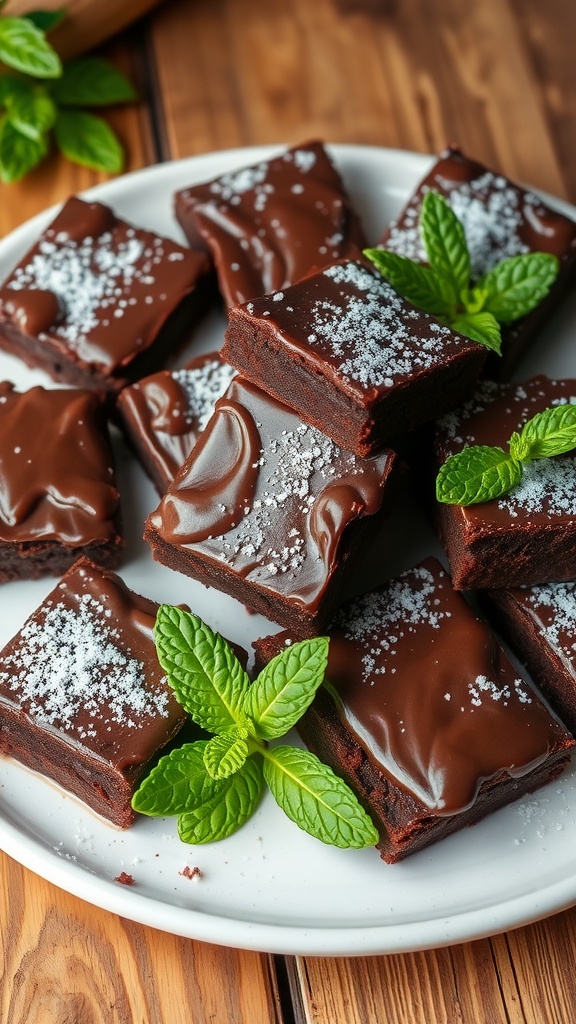 Delicious vegan gluten-free chocolate brownies on a rustic plate, garnished with mint.